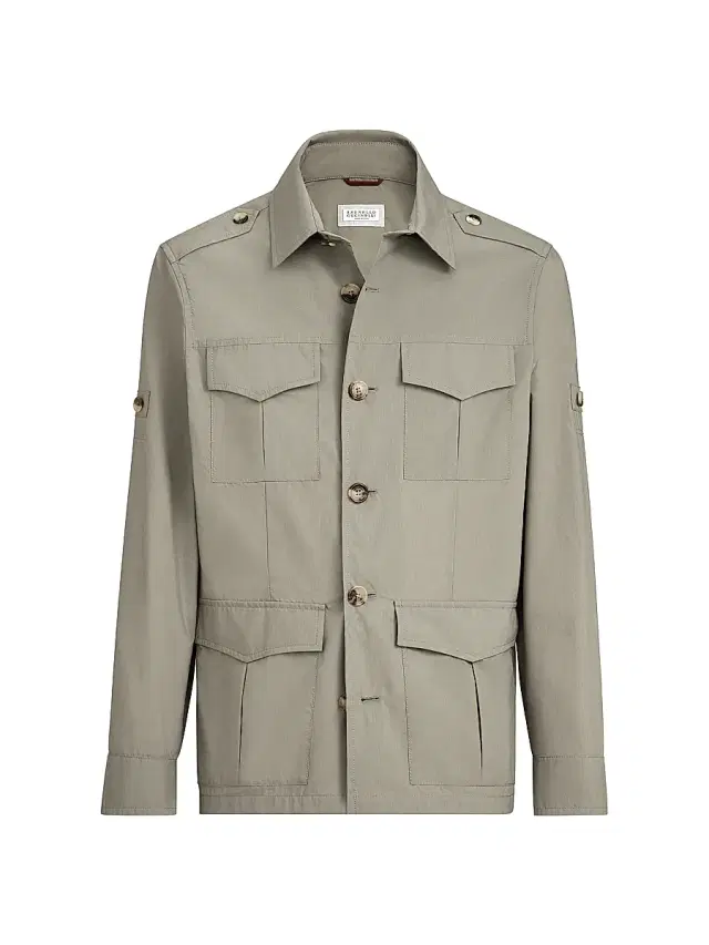 Brunello Cucinelli Men's Lightweight Water Resistant Techno Cotton Unlined Safari Jacket - Khaki
