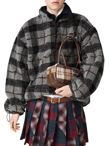 Miu Miu Women's Checked Teddy Zipper Jacket - Grey - Size Large | Thumbnail 2
