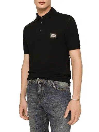 Dolce & Gabbana Men's Logo Plaque Cotton Polo Shirt - Black - Size 46 | Thumbnail 3 Dolce & Gabbana Men's Logo Plaque Cotton Polo Shirt - Black - Size 46 | Thumbnail 3