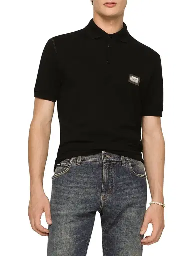 Dolce & Gabbana Men's Logo Plaque Cotton Polo Shirt - Black - Size 46 | Thumbnail 1 Dolce & Gabbana Men's Logo Plaque Cotton Polo Shirt - Black - Size 46 | Thumbnail 1