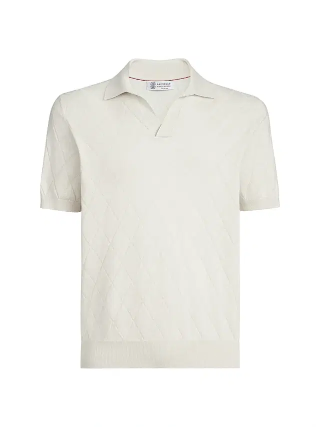 Brunello Cucinelli Men's Cotton Textured Argyle Lightweight Knit Polo Shirt - White