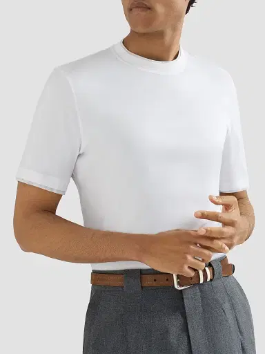 Brunello Cucinelli Men's Cotton Jersey Crewneck T-Shirt with Faux Layering - White | Thumbnail 5