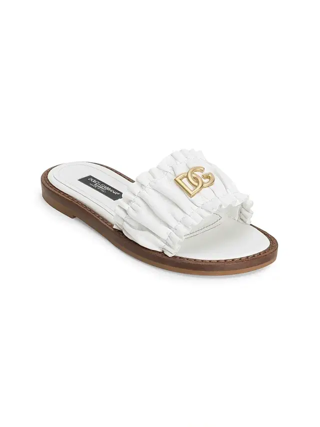 Dolce & Gabbana Girl's Logo Leather Slides - Bianco 2 (Child)