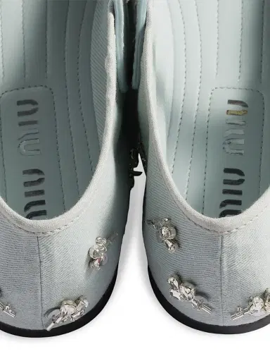 Miu Miu Women's Embroidered Drill Ballerinas - Green - Size 10 | Thumbnail 2