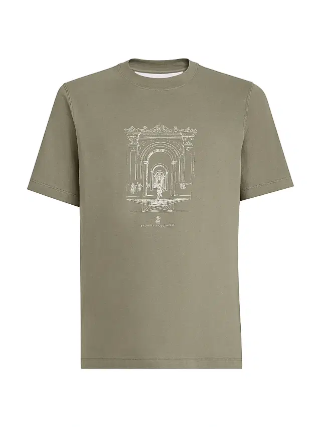Brunello Cucinelli Men's Cotton Jersey Crewneck T-Shirt with Print - Military