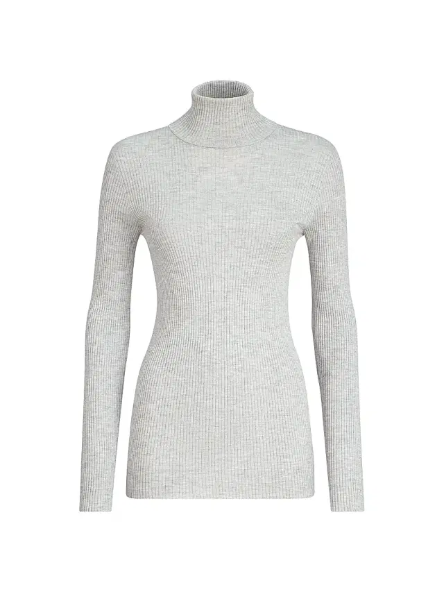 Brunello Cucinelli Women's Lightweight Turtleneck Sweater in Sparkling Cashmere and Silk Rib Knit - Light Grey