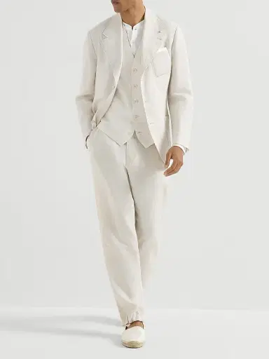 Brunello Cucinelli Men's Linen Micro Chevron Trousers with Drawstrings | Thumbnail 6 Brunello Cucinelli Men's Linen Micro Chevron Trousers with Drawstrings | Thumbnail 6