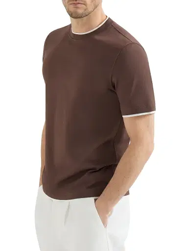 Brunello Cucinelli Men's Cotton Jersey Crewneck T-Shirt with Faux Layering - Brown | Thumbnail 2