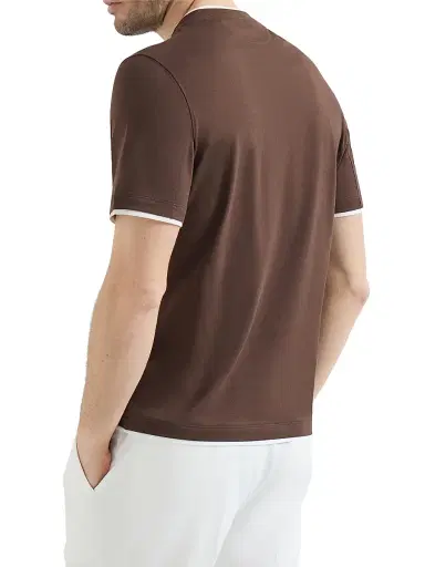 Brunello Cucinelli Men's Cotton Jersey Crewneck T-Shirt with Faux Layering - Brown | Thumbnail 3