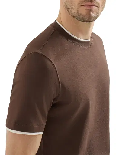Brunello Cucinelli Men's Cotton Jersey Crewneck T-Shirt with Faux Layering - Brown | Thumbnail 4