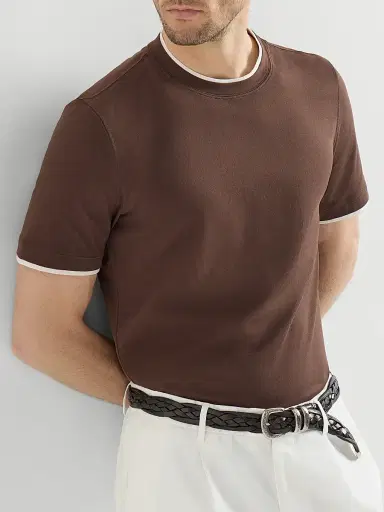 Brunello Cucinelli Men's Cotton Jersey Crewneck T-Shirt with Faux Layering - Brown | Thumbnail 5