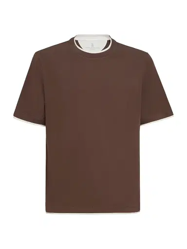 Brunello Cucinelli Men's Cotton Jersey Crewneck T-Shirt with Faux Layering - Brown | Thumbnail 1