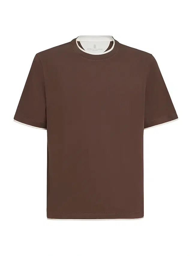 Brunello Cucinelli Men's Cotton Jersey Crewneck T-Shirt with Faux Layering - Brown