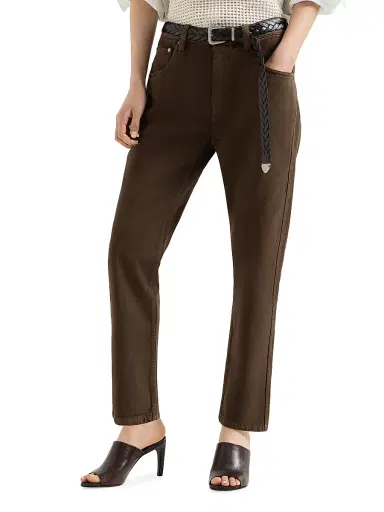 Brunello Cucinelli Women's Dyed Denim Five Pocket Straight Jeans with Shiny Bartack - Chocolate | Thumbnail 2