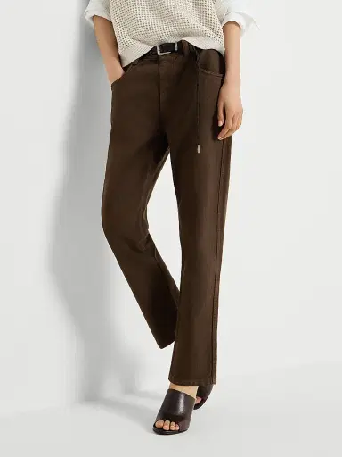 Brunello Cucinelli Women's Dyed Denim Five Pocket Straight Jeans with Shiny Bartack - Chocolate | Thumbnail 5