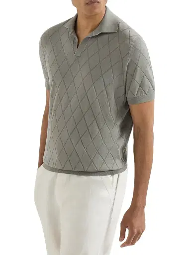 Brunello Cucinelli Men's Cotton Textured Argyle Lightweight Knit Polo Shirt - Khaki | Thumbnail 2 Brunello Cucinelli Men's Cotton Textured Argyle Lightweight Knit Polo Shirt - Khaki | Thumbnail 2