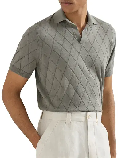 Brunello Cucinelli Men's Cotton Textured Argyle Lightweight Knit Polo Shirt - Khaki | Thumbnail 5 Brunello Cucinelli Men's Cotton Textured Argyle Lightweight Knit Polo Shirt - Khaki | Thumbnail 5