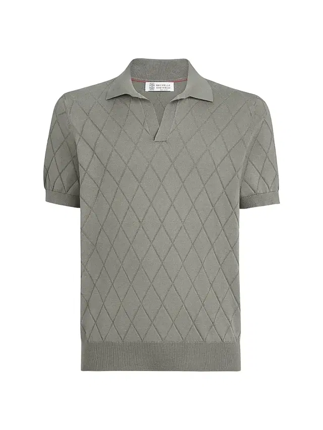 Brunello Cucinelli Men's Cotton Textured Argyle Lightweight Knit Polo Shirt - Khaki