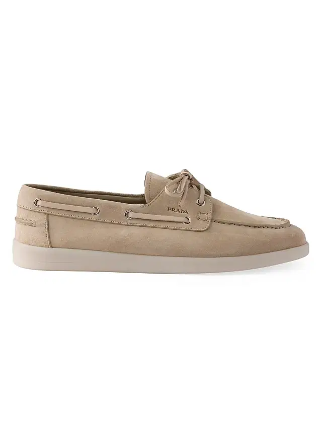 Prada Men's Suede Boat Shoes with Laces - Beige Khaki