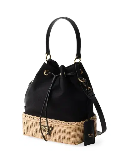 Prada Women's Wicker and Canvas Bucket Bag - Black | Thumbnail 2