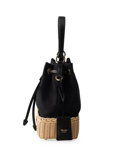 Prada Women's Wicker and Canvas Bucket Bag - Black | Thumbnail 3