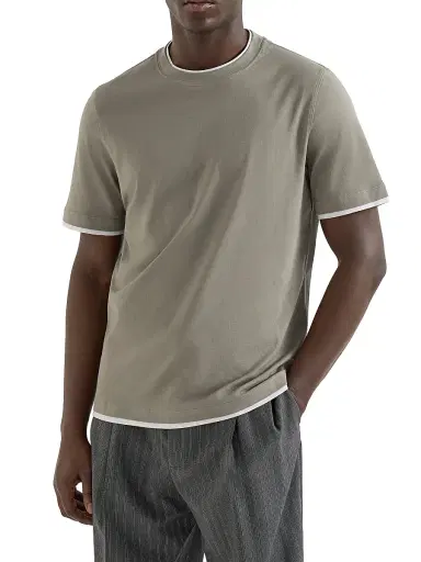 Brunello Cucinelli Men's Cotton Jersey Crew-Neck T-Shirt with Faux Layering - Khaki | Thumbnail 2