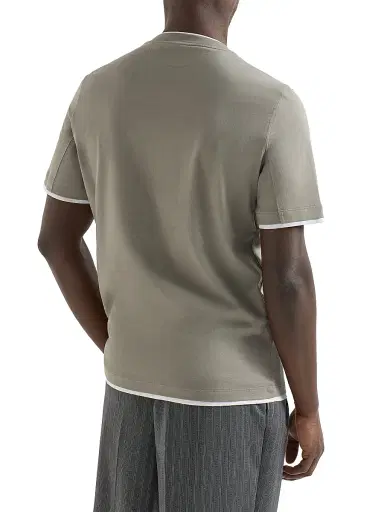 Brunello Cucinelli Men's Cotton Jersey Crew-Neck T-Shirt with Faux Layering - Khaki | Thumbnail 3