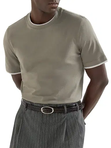 Brunello Cucinelli Men's Cotton Jersey Crew-Neck T-Shirt with Faux Layering - Khaki | Thumbnail 5