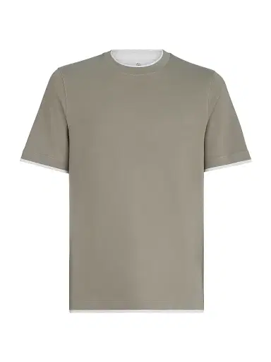 Brunello Cucinelli Men's Cotton Jersey Crew-Neck T-Shirt with Faux Layering - Khaki | Thumbnail 1