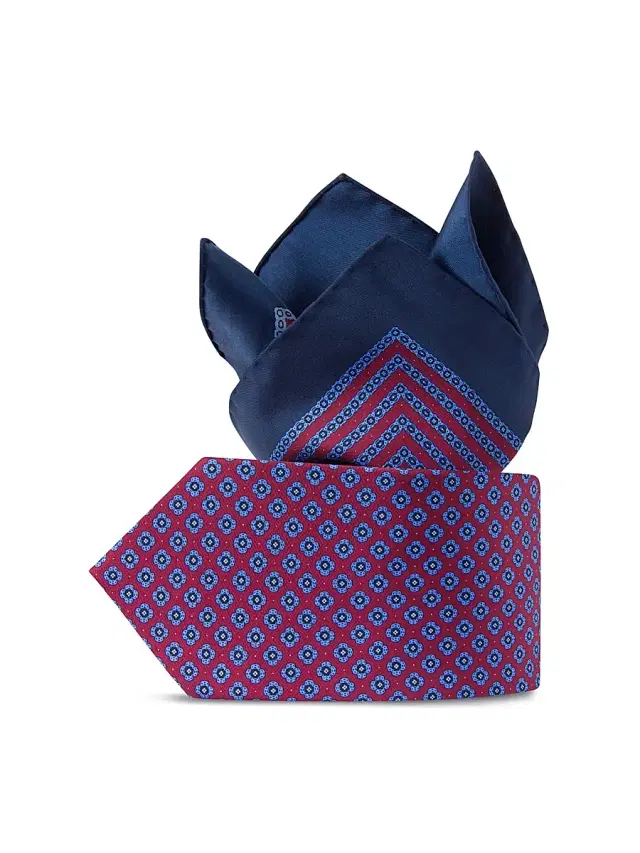 Men's Luxury Printed Silk Tie Set - Red Blue