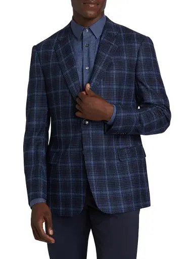 Giorgio Armani Men's Plaid Wool Single-Breasted Jacket - High Blue - Size 48 | Thumbnail 3