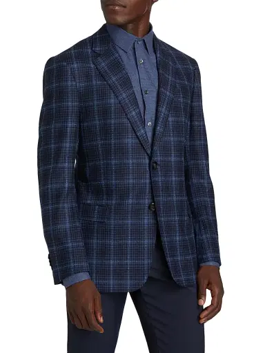 Giorgio Armani Men's Plaid Wool Single-Breasted Jacket - High Blue - Size 48 | Thumbnail 4