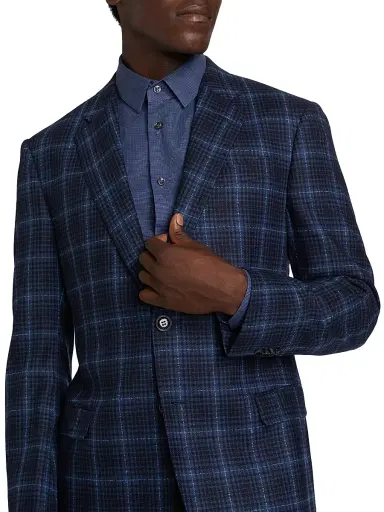 Giorgio Armani Men's Plaid Wool Single-Breasted Jacket - High Blue - Size 48 | Thumbnail 6