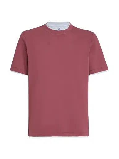 Brunello Cucinelli Men's Cotton Jersey Crew-Neck T-Shirt with Faux Layering - Coral - Size XS | Thumbnail 1 Brunello Cucinelli Men's Cotton Jersey Crew-Neck T-Shirt with Faux Layering - Coral - Size XS | Thumbnail 1