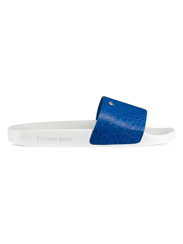Men's Matted Crocodile Leather Slides - Medium Blue
