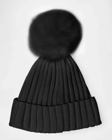 Moncler Ribbed Logo Beanie with Faux Fur Pom | Thumbnail 2
