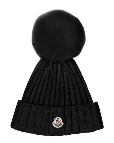 Moncler Ribbed Logo Beanie with Faux Fur Pom | Thumbnail 1