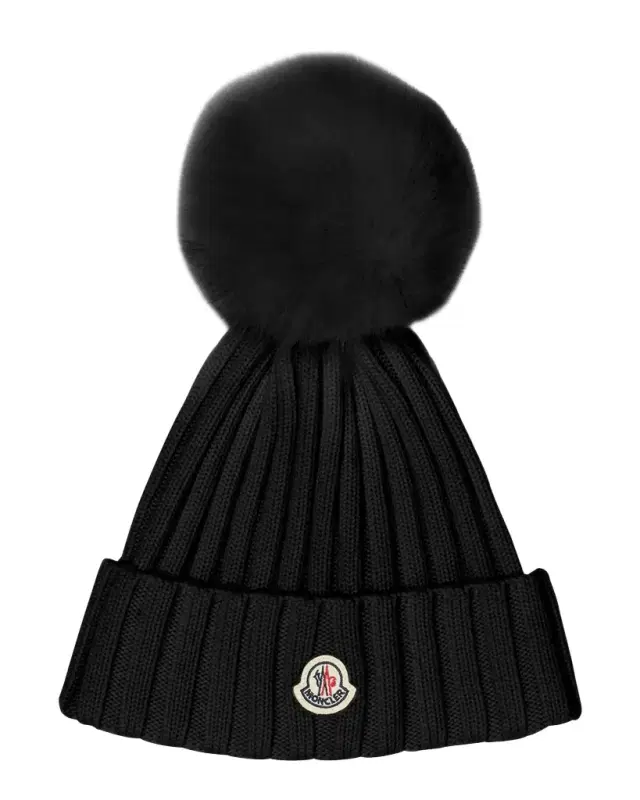 Moncler Ribbed Logo Beanie with Faux Fur Pom