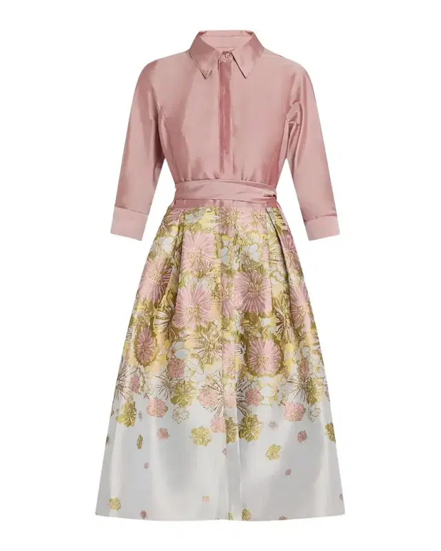 Pleated Floral Jacquard Midi Shirtdress
