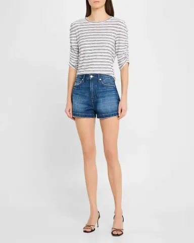 Veronica Beard Waldorf Stripe Ruched-Sleeve Tee | Thumbnail 2
