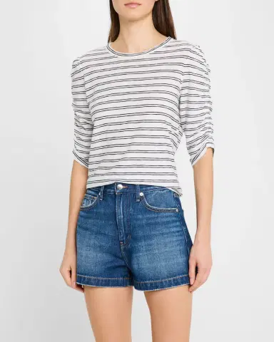 Veronica Beard Waldorf Stripe Ruched-Sleeve Tee | Thumbnail 4