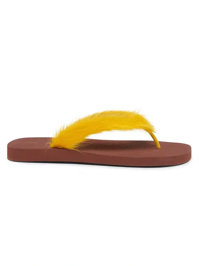 Marni Men's Long Calf Hair Flip-Flop Sandals - Yellow Brown