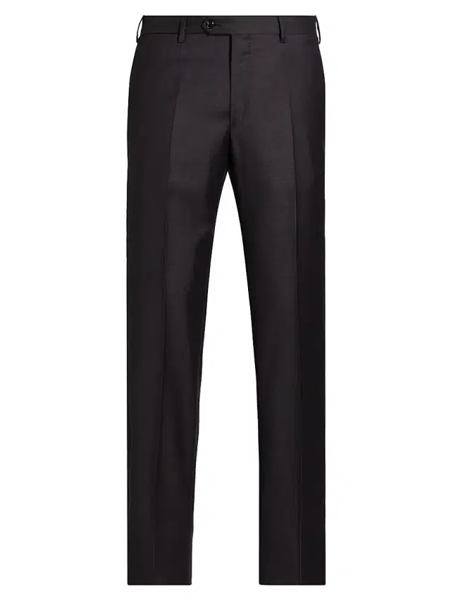 Men's Textured Solid Wool Trousers - Black Wool