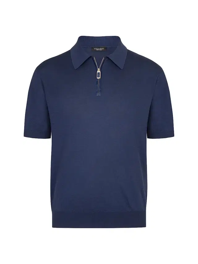 Stefano Ricci Men's Silk and Crocodile Leather Knit Zip Polo - Dark Blue