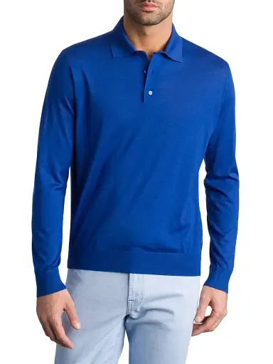 Stefano Ricci Men's Cashmere-Wool Polo Shirt - Blue | Thumbnail 2