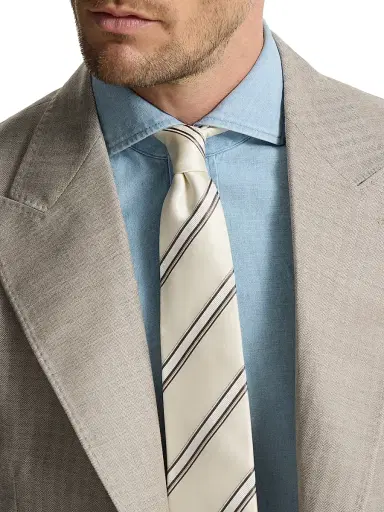 Brunello Cucinelli Men's Regimental Stripe Silk and Cotton Tie | Thumbnail 2 Brunello Cucinelli Men's Regimental Stripe Silk and Cotton Tie | Thumbnail 2