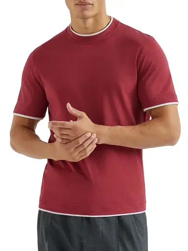 Brunello Cucinelli Men's Cotton Jersey Crew-Neck T-Shirt with Faux Layering - Cherry | Thumbnail 2 Brunello Cucinelli Men's Cotton Jersey Crew-Neck T-Shirt with Faux Layering - Cherry | Thumbnail 2