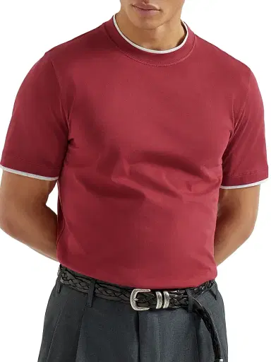 Brunello Cucinelli Men's Cotton Jersey Crew-Neck T-Shirt with Faux Layering - Cherry | Thumbnail 5 Brunello Cucinelli Men's Cotton Jersey Crew-Neck T-Shirt with Faux Layering - Cherry | Thumbnail 5