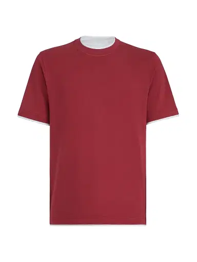Brunello Cucinelli Men's Cotton Jersey Crew-Neck T-Shirt with Faux Layering - Cherry | Thumbnail 1 Brunello Cucinelli Men's Cotton Jersey Crew-Neck T-Shirt with Faux Layering - Cherry | Thumbnail 1