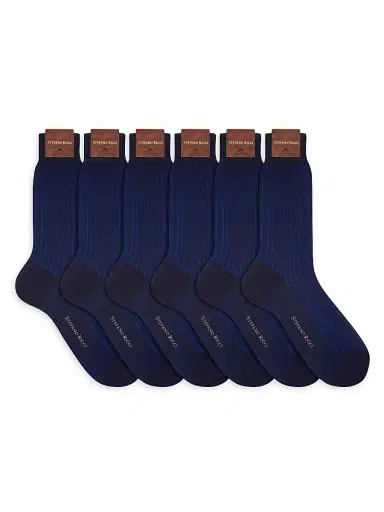 Stefano Ricci Men's 6-Pack Cotton Socks - Blue Stripes | Thumbnail 1 Stefano Ricci Men's 6-Pack Cotton Socks - Blue Stripes | Thumbnail 1